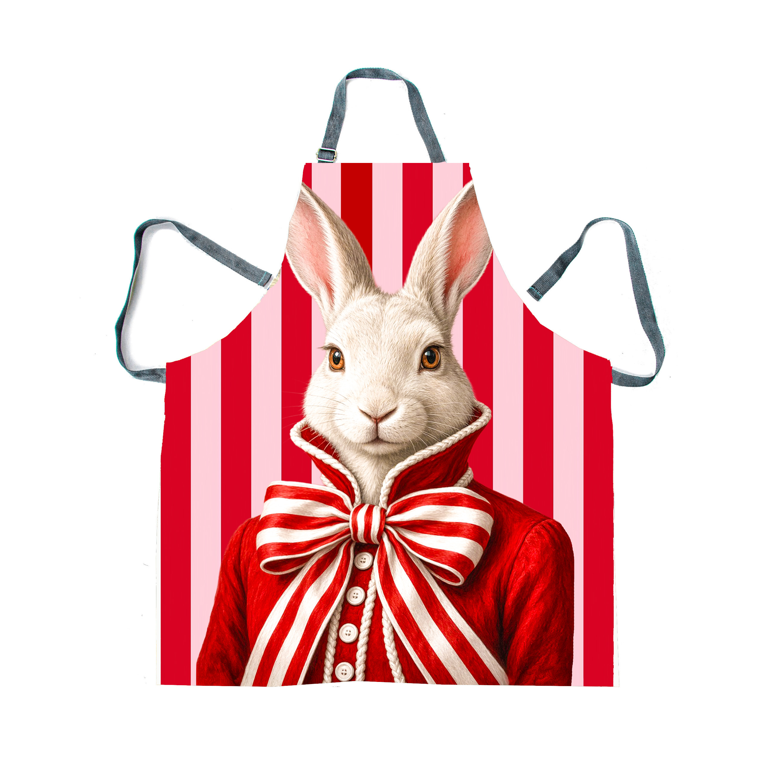 Apron_Red Rabbit stripe Apron - Haas Red Stripe Bow - Image 1