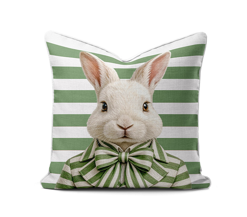 -Green stripe Rabbitscatter 1a Scatter Cushion - Haas Green Pink Stripe Bow - Image 1