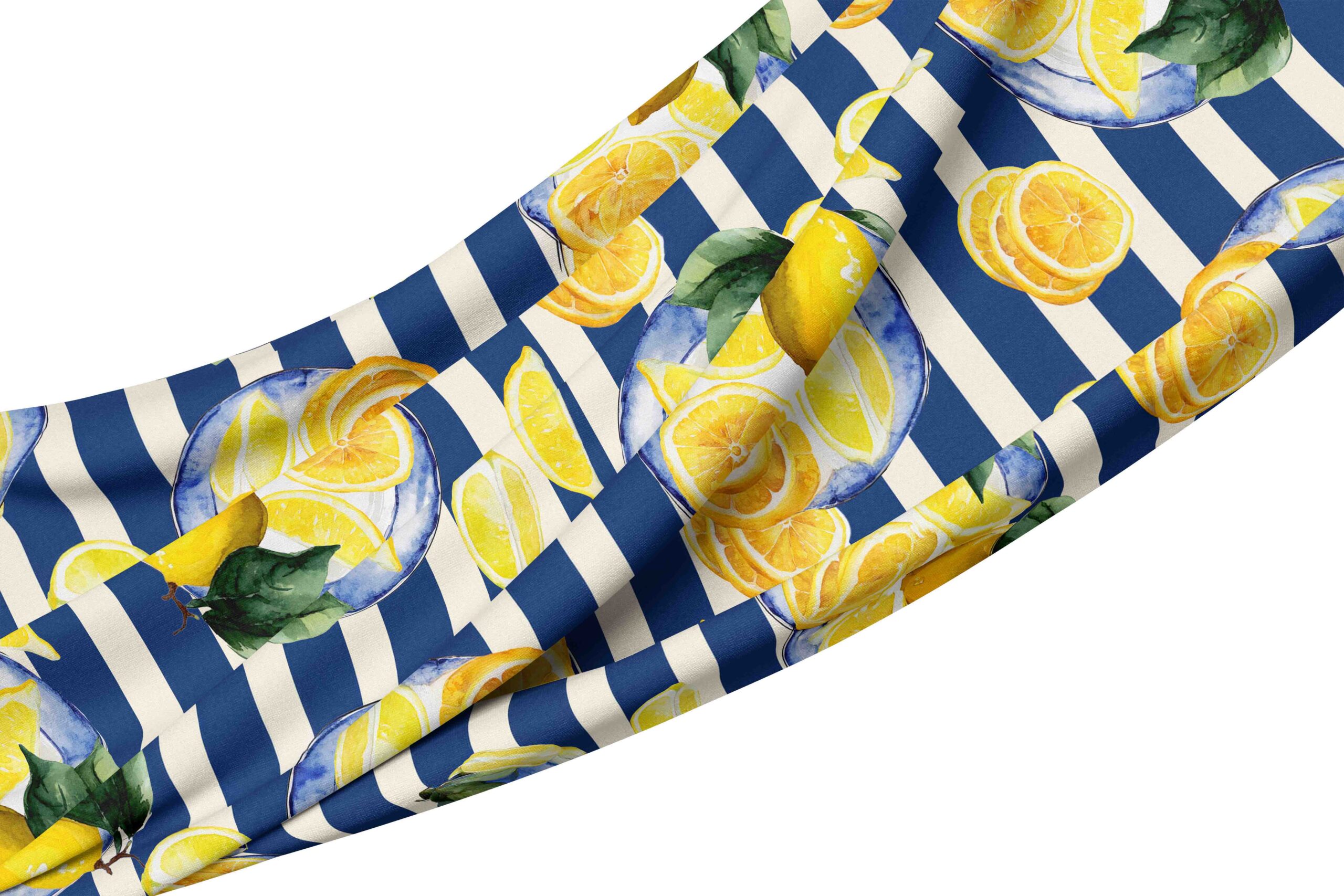 __tablecloth blue stripe lemon plate Tablecloth - Amalfi Blue Stripe Lemons - Image 1