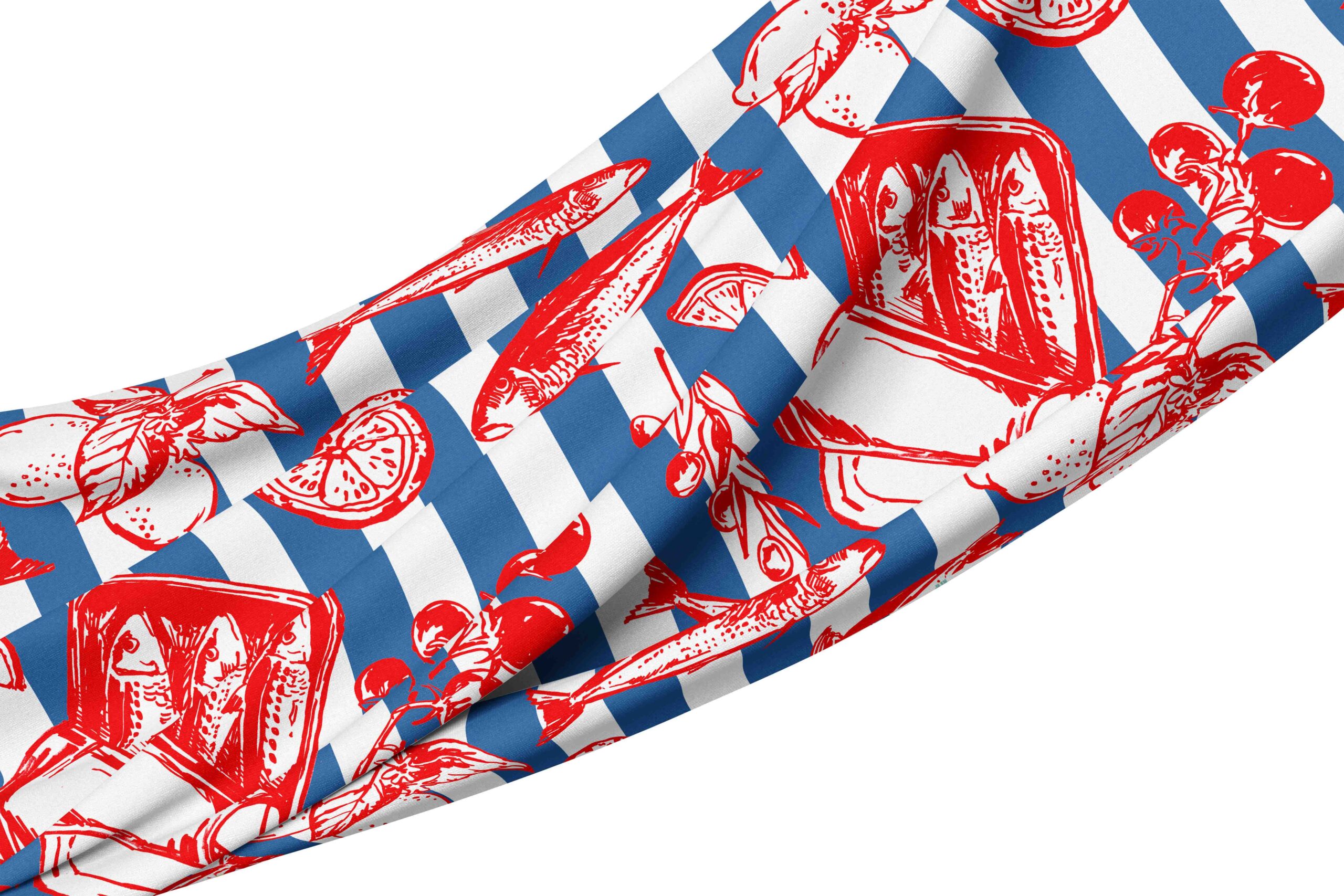 __tablecloth blue stripefish tin Tablecloth - Amalfi Blue Stripe Red Tins - Image 1